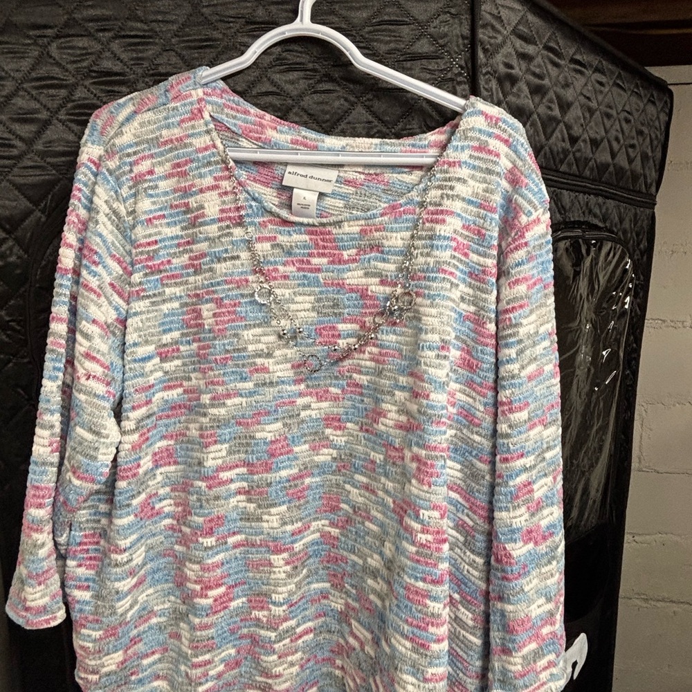 Alfred Dunner Pink and Blue Knit Top with Necklace